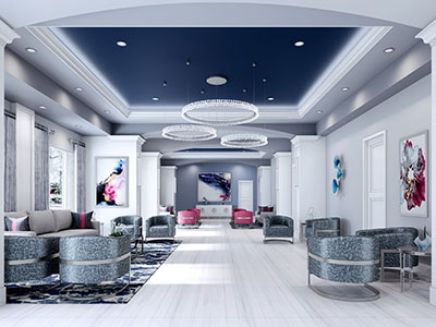 Rendering of the proposed lobby at Valencia Falls in Delray Beach, FL.